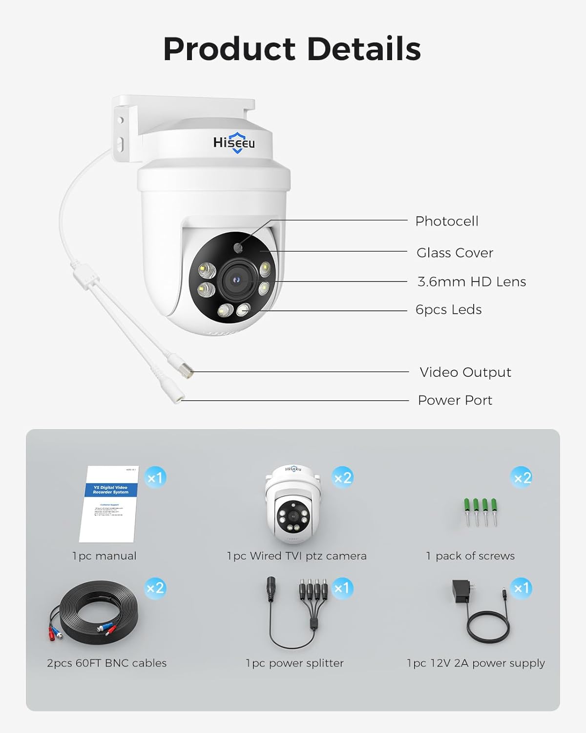 Hiseeu PTZ 5MP Dome HD-TVI Home Security Cameras with 355° pan,90° tilt,100ft IR Night Vision,IP67 Weatherproof Wired Security Camera for 360°Coverage Indoor Outdoor Surveillance Cameras 2PCS