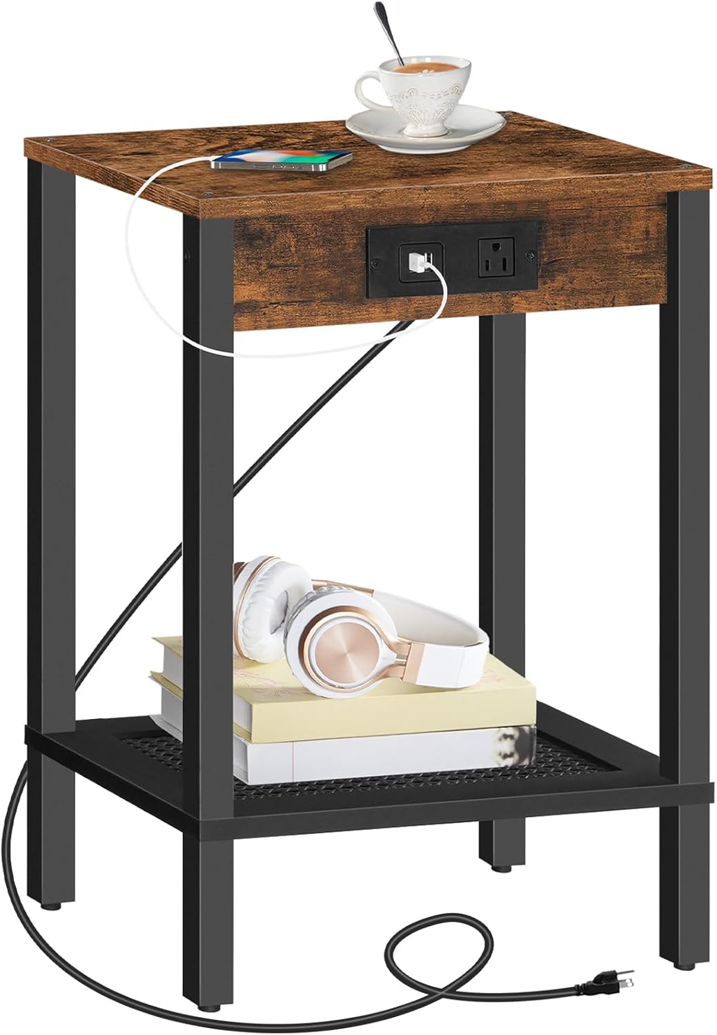 HOOBRO Small Side Table with Charging Station, End Table with USB Ports and Outlet, Nightstand with 2-Tier Storage Shelf, Faux Rattan Decoration, for Small Space, Rustic Brown and Black BF91UBZ01