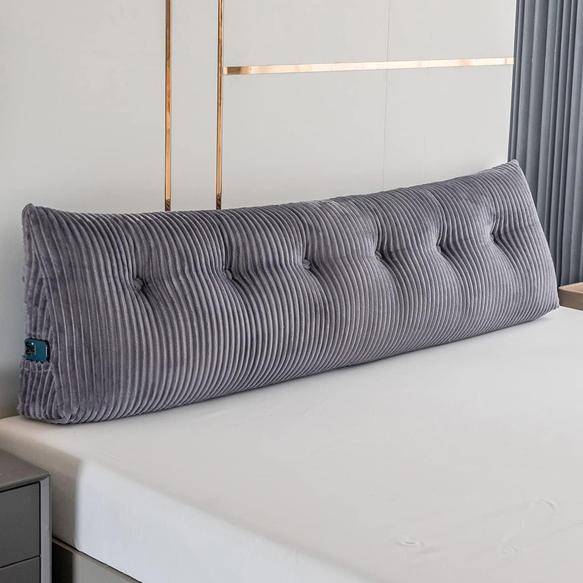 Large Triangular Headboard Wedge Bed Rest Reading Pillow Backrest Positioning Support Bolster Cushion with Removable Cover (Grey, CA King: 71x8x20 Inches)