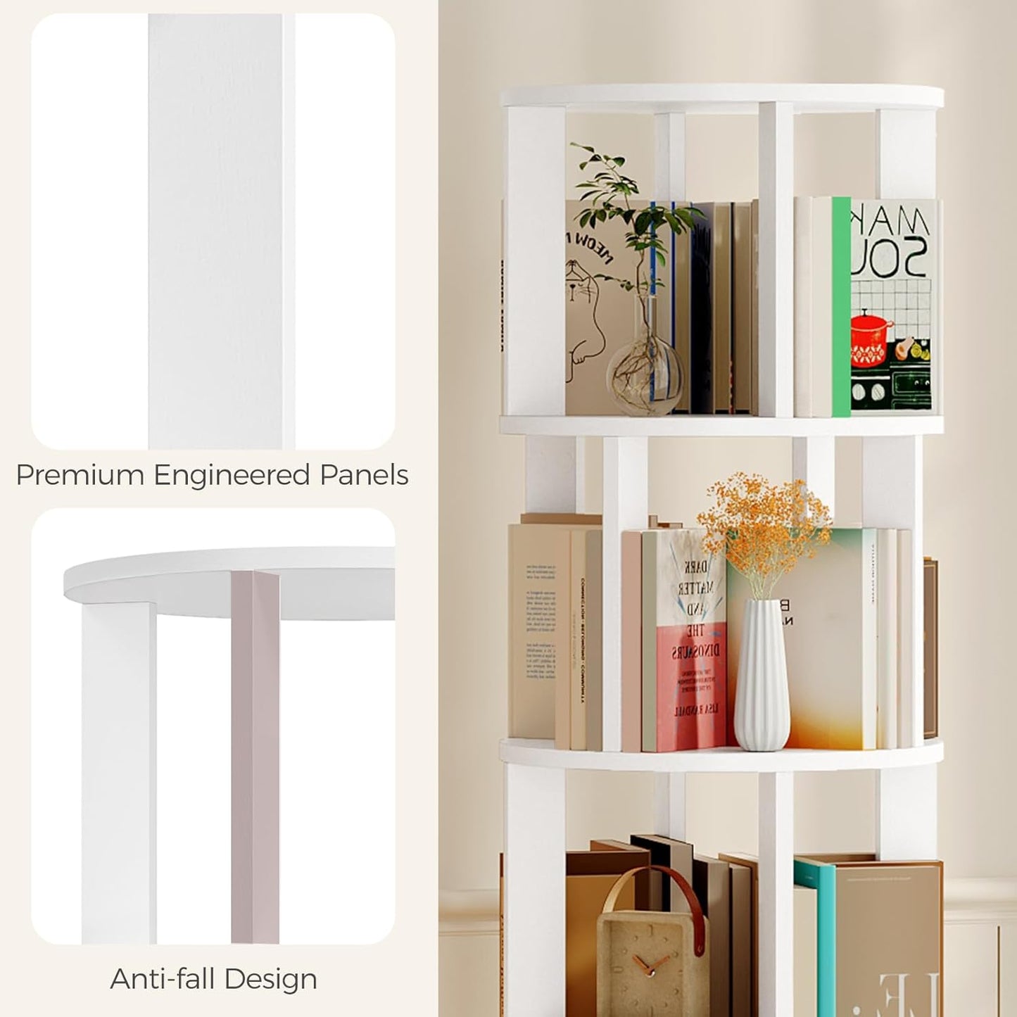 5-Tier Rotating Bookshelf, 360° Spinning Bookshelf Tower, Floor Standing Round Revolving Bookcase, Display Rack for Books, CDs, for Living Room, Study, Bedroom, White BKWT6501