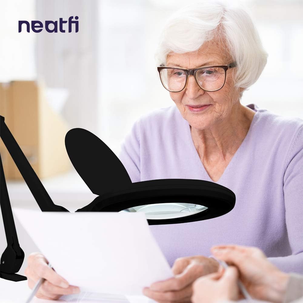 Neatfi Elite Super LED Magnifying Lamp with Clamp – 6” Glass Lens, 2.25X/4X Bifocal, 6500K Daylight | Glare-Free, Nonpolar Dimming | Reading, Crafting & Precision Work (Black, 6 Inch Glass Lens)