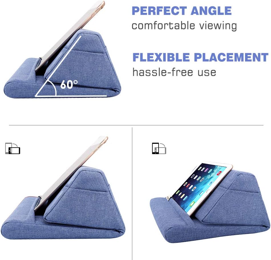 Moko Tablet Pillow Stand, Soft Bed Pillow Holder Xmas Gift for up to 11" Pad, Fits iPad 10.2"(9th Gen), New iPad mini 6 8.3" Air 4/3, iPad Pro 11/10.5/9.7, Mini 5 4, Galaxy Tab S6/S7 11", Denim Blue