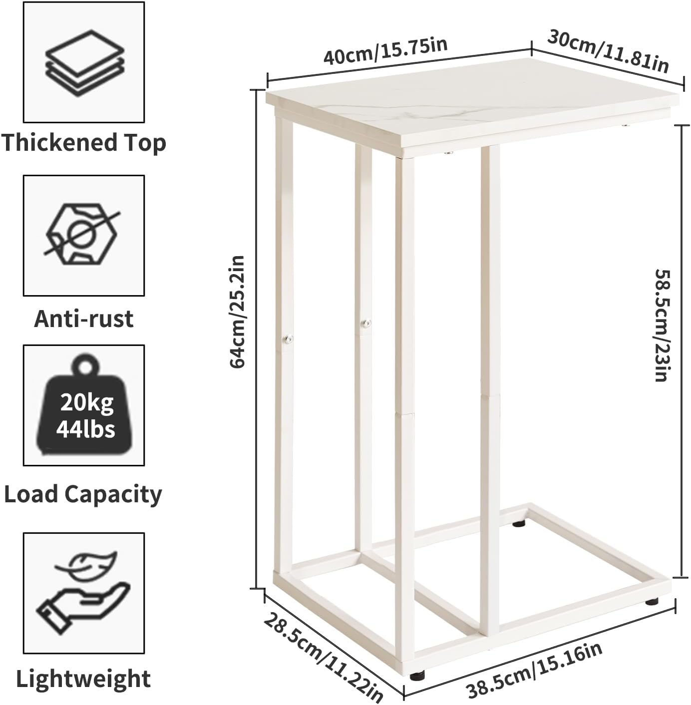 C Shaped End Table, Small Side Table for Sofa and Bed, White Bedside Table, Laptop Desk for Couch 16x12x25 inch Faux Marble+White YD-TM051W