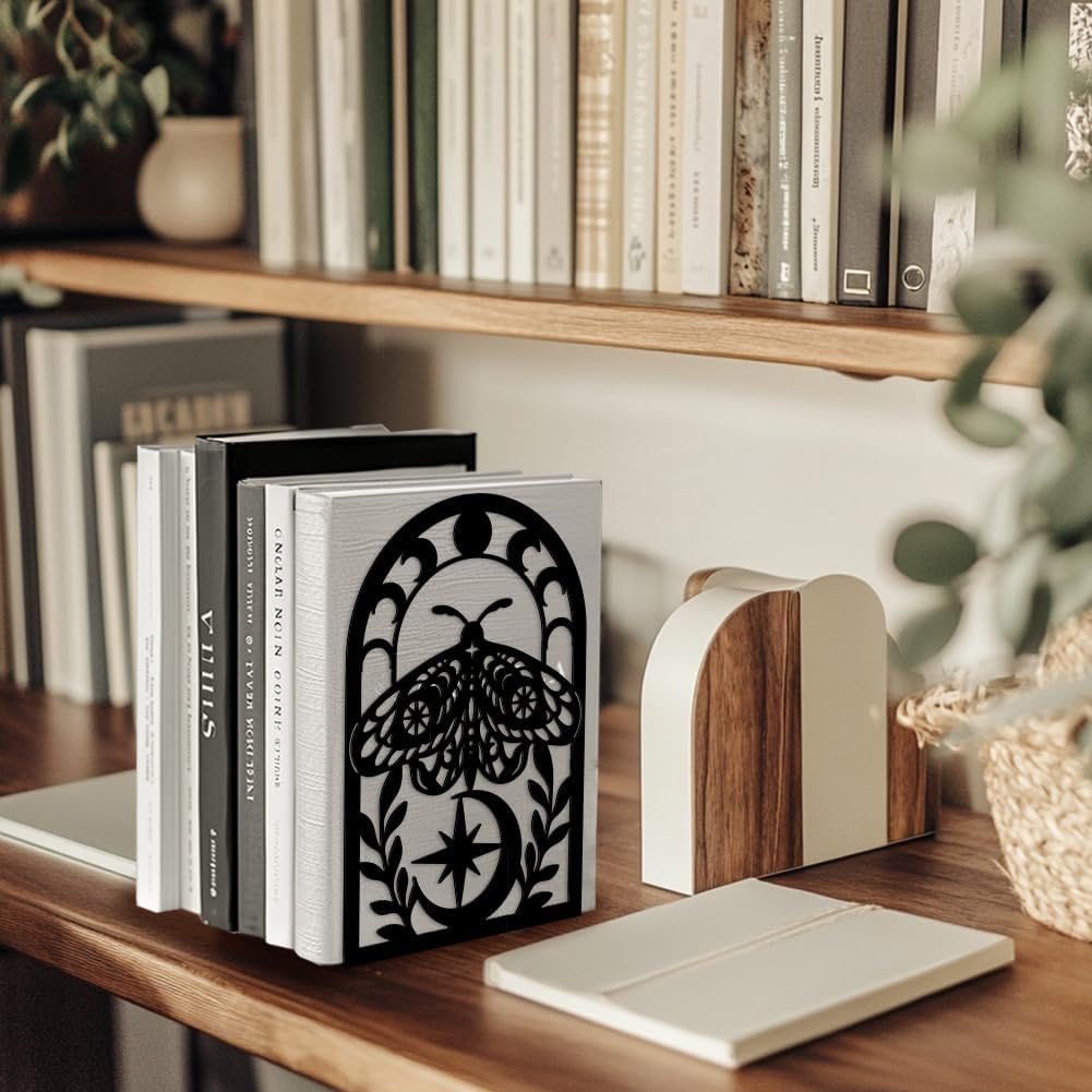 Peacoblue Metal Bookends for Shelves, Modern Decorative Heavy Duty Study Book Support Stoppers for Office, Desk, Shelf, Room 5.3"x4.3"x7.9" Cast Iron Simple Tall Bookends, 1 Pair (Moth)