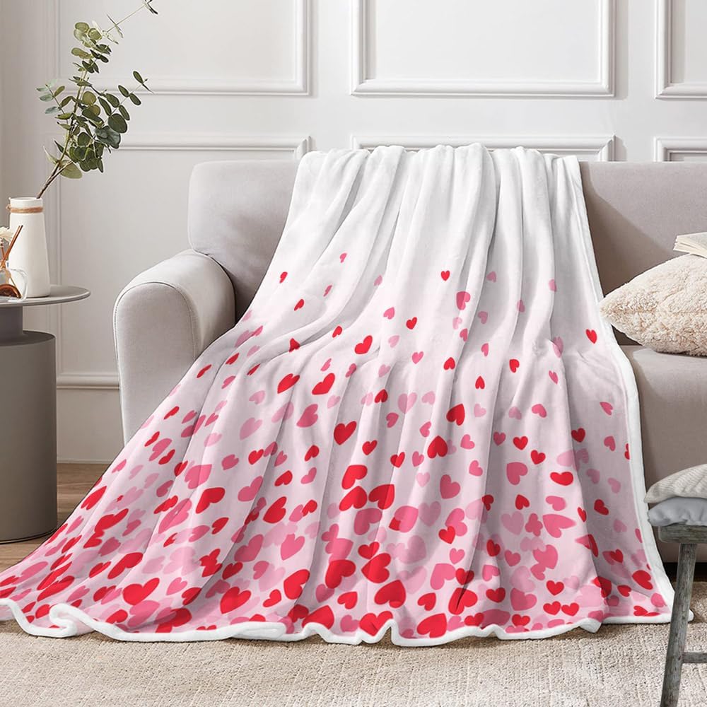 Valentine's Day Gift Fleece Blanket for Mom, Wife, Pink Love Heart Decorative Throw for Couch Sofa Bed, Flannel Blanket - Super Cozy Comfy Throw Blanket (Red, 50"X60")