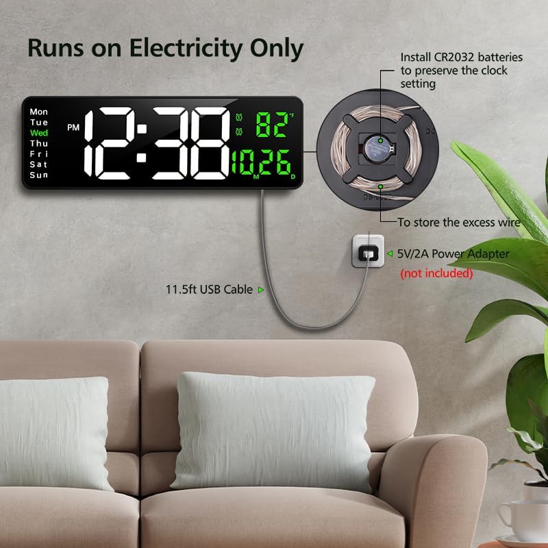 Zgrmbo 16-inch Digital Wall Clock with Remote Control, Large Display Digital Clock with Date, Indoor Temp, Week, 12/24H, Auto Dimming, A Wall Clock Suitable for Living Room, Warehouse, Shop, Gym