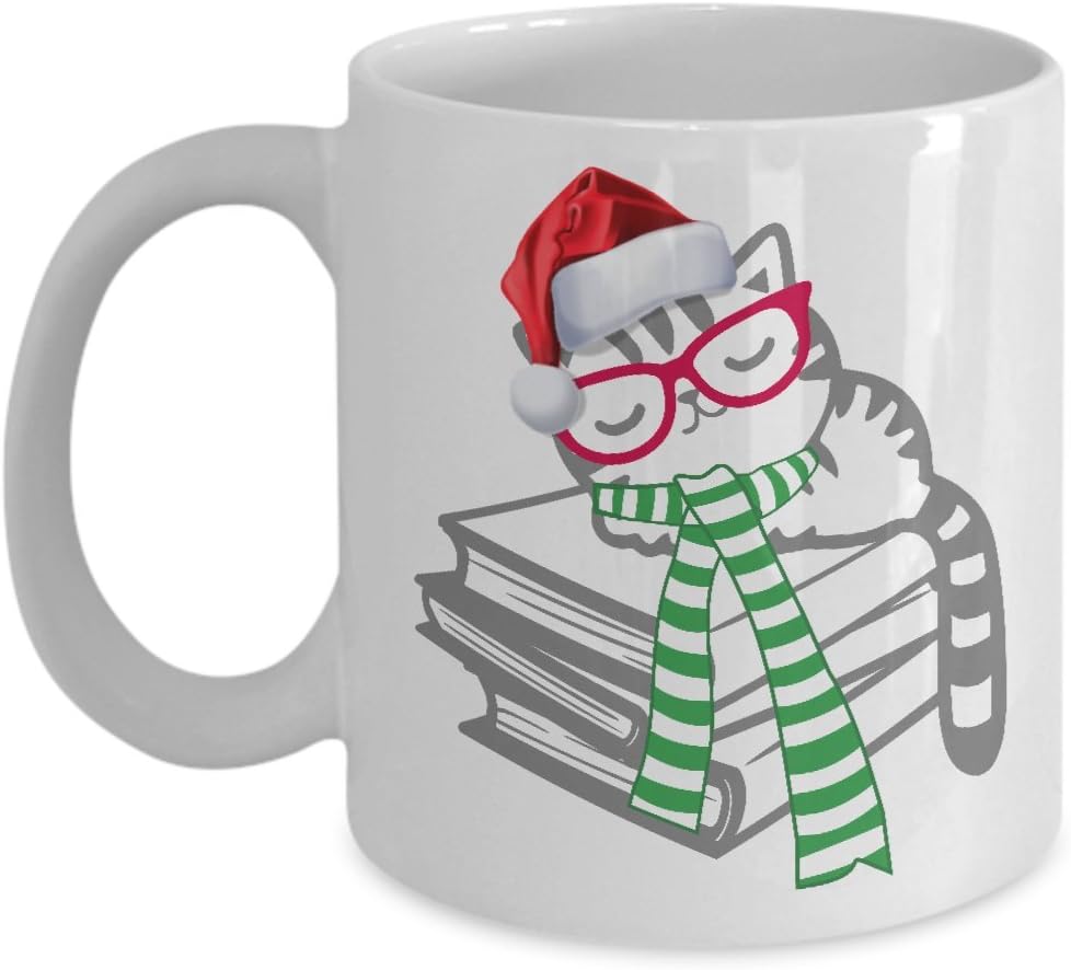 Cat Book Nerd Mug Christmas Reader with Glasses Gift Coffee Cup for Reading Lovers