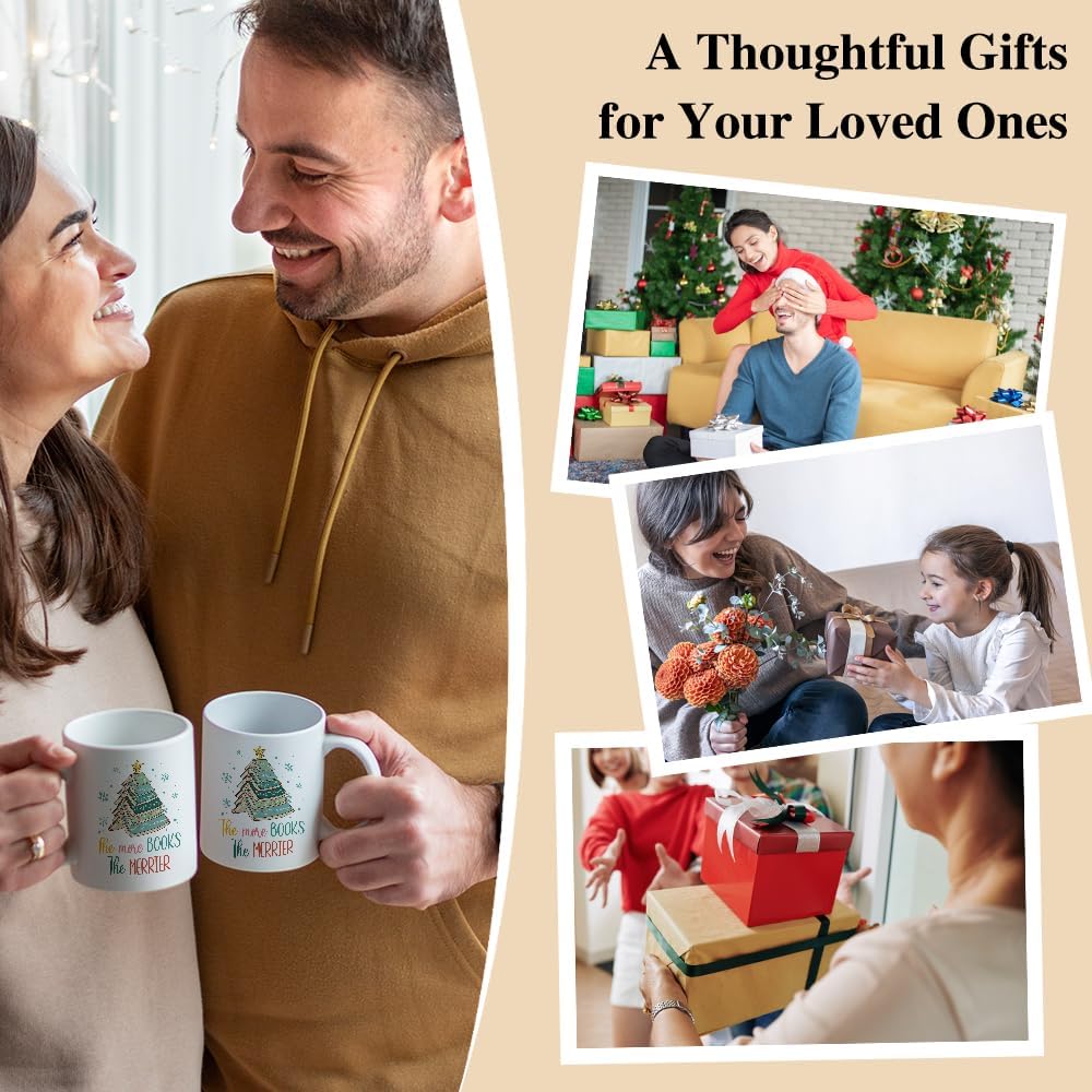The More Books The Merrier Funny 11oz Double-Sided Ceramic Mug, Christmas Tree Coffee Mug For Coworker Book Lover, Xmas Reading Cup, Christmas Bookish Gifts for Bookworm Friend Family BBF