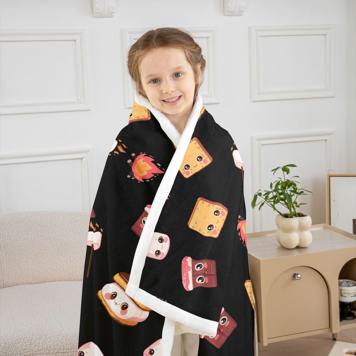 Marshmallow Fleece Throw Blanket 40"x50" Cute S'Mores Plush Blanket for Bed Sofa Couch Boys Cute Cookie Sherpa Blanket Camper Outdoor Adventure Fuzzy Blanket Room Decor