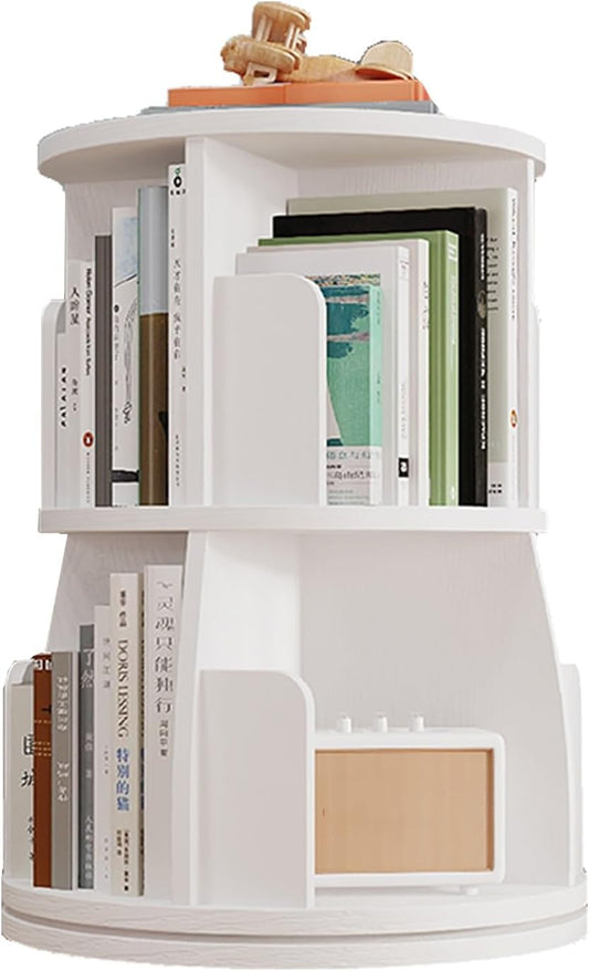YVYKFZD Rotating Bookshelf, Wood Revolving Bookcase Tower, 360° Corner Display Storage Rack, Floor Standing Narrow Book Shelf Organizer, for Small Space, Bedroom, Living Room(White A,2 Tier H 66cm/25.