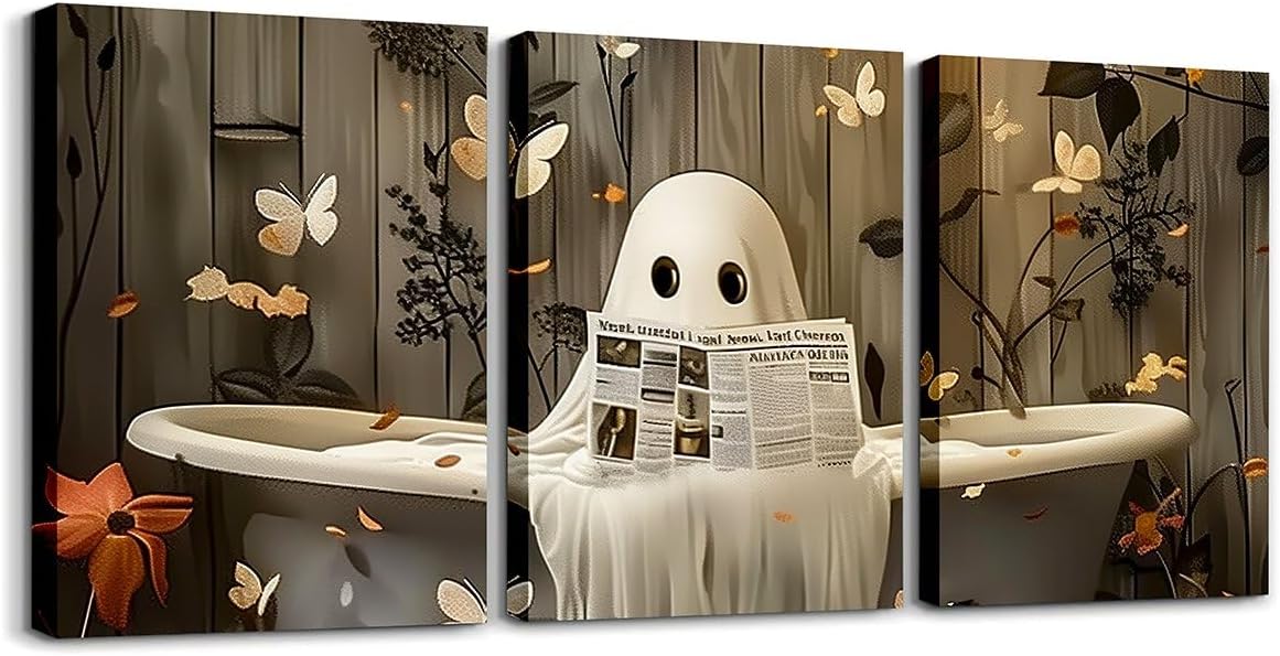 Erosebridal Funny Halloween Ghost 3 Piece Canvas Wall Art Botanical Leaves Butterfly Paintings Wall Decor 16" L x 12" W Each, Reading Newspaper Fancy Humor Ghost Vintage Gothic Office Artwork Posters
