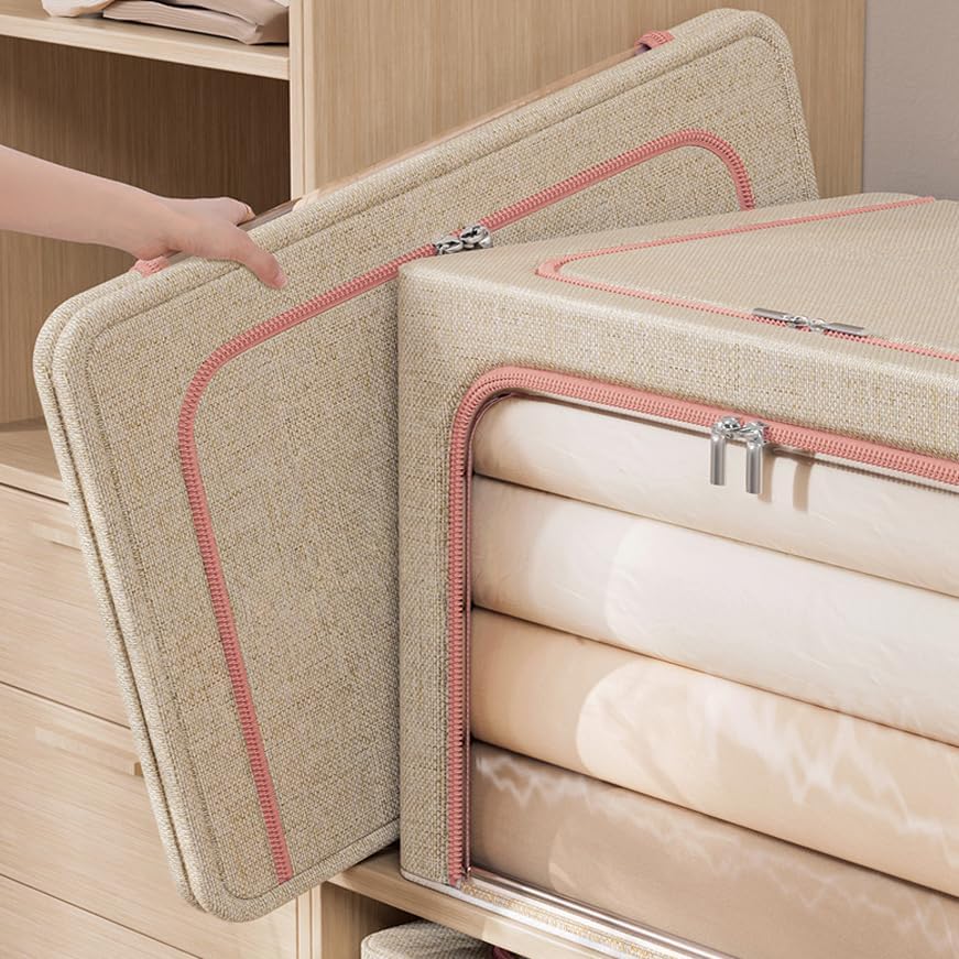 Waterproof Storage Bins Stackable Foldable Steel Frame storage Boxes with Reinforced Handle Thick Fabric for Comforters Iron bracket Blankets Bedding Foldable with Sturdy Zipper Clear Window Pack Of 2