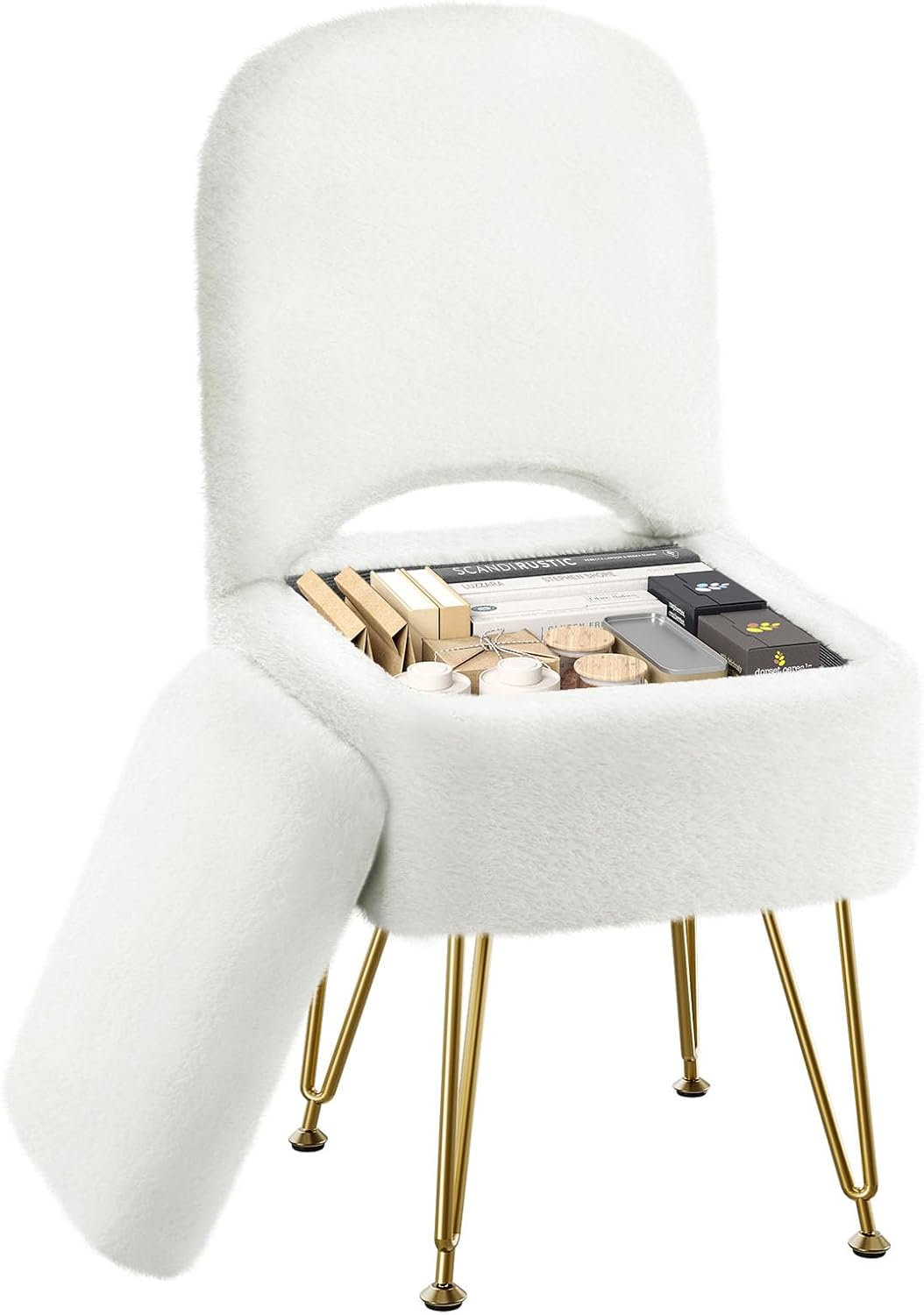 GREENSTELL Vanity Stool Chair with Storage and Folding Back, 15.8" x 16.5" x 33" Square Faux Fur Soft Ottoman, 4 Metal Legs with Anti-Slip Feet, Furry Padded Seat for Makeup, Bedroom, White
