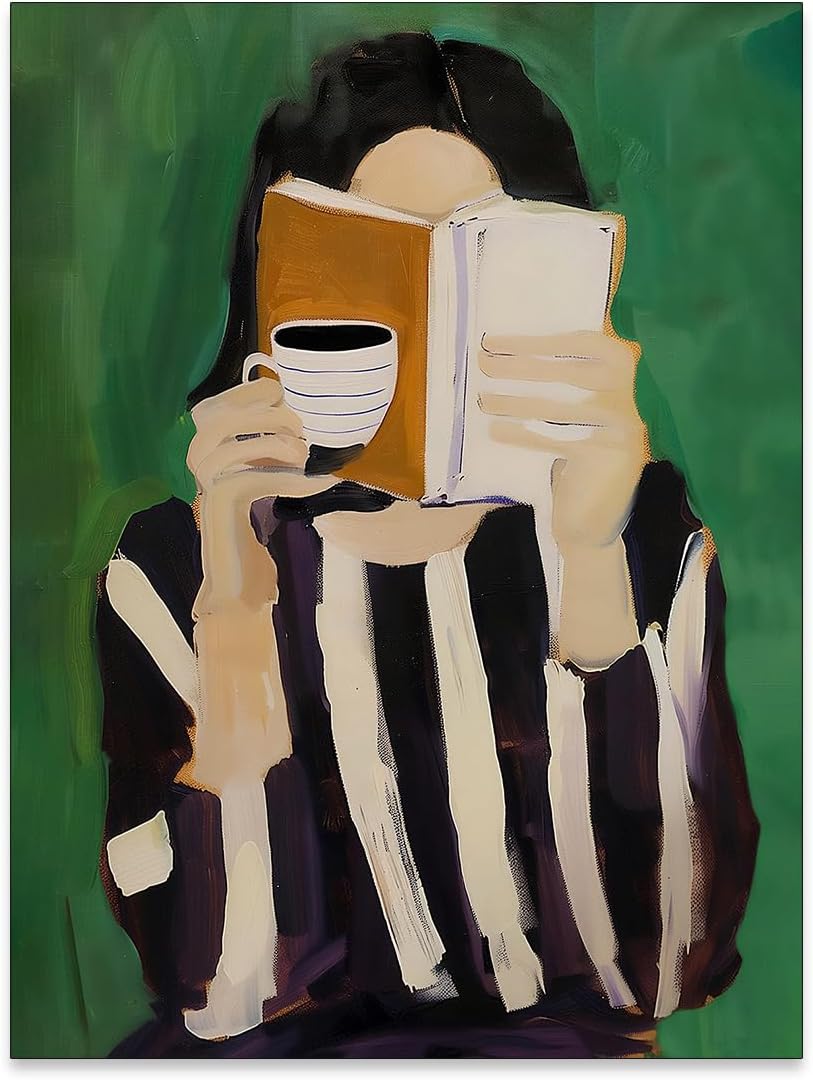 Emerald Green Reading Woman Wall Art Modern Abstract Female Portrait Poster Minimalist Coffee & Book Canvas Prints for Dormitory Apartment Bedroom Wall Decor 12X16 inch Unframed