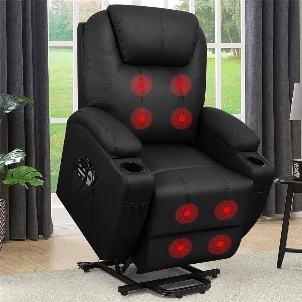 PU Leather Power Lift Recliner Chair for Seniors with Massage, Ergonomic Lounge Seat, Cup Holders, Side Storage Pocket, Comfortable Single Reclining Sofa for Home Theater