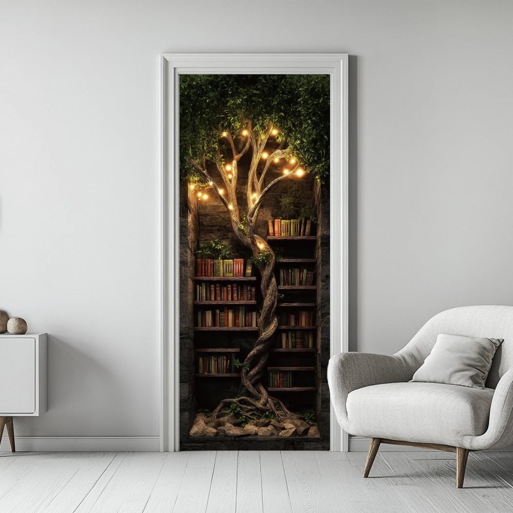 arricraft 2 Pcs Self-Adhesive Door Sticker, 31.5"x78.7" Fantasy Tree-Shaped Bookshelf Retro Bookshelf Light Tree Murals Stickers PVC Removable Wallpaper Decoration for Bedrooms Living Room