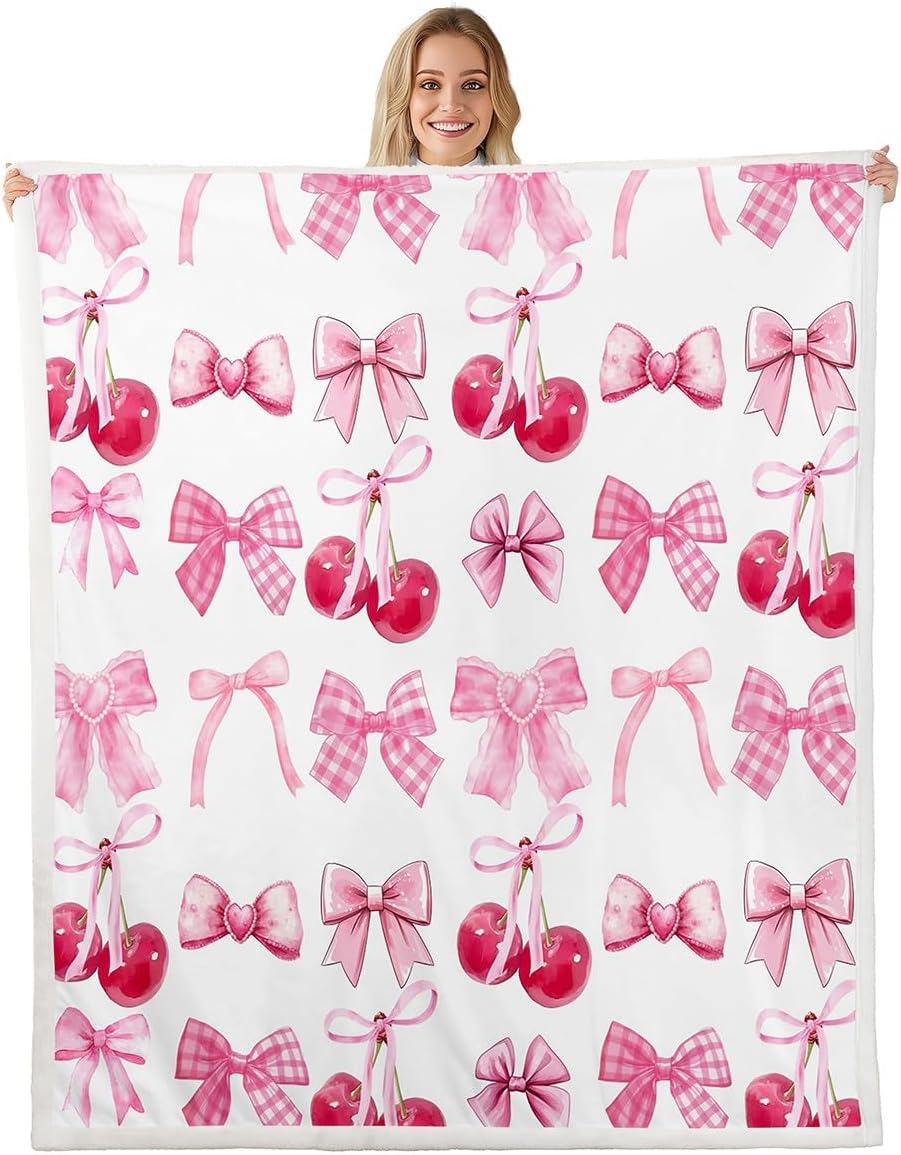 Feelyou Cute Bowknot Fleece Throw Blanket 40"x50" Pink Watercolor Bow Sherpa Blanket for Bed Sofa Couch Boys Girls Teens Bedroom Decor Bow Plush Blanket Women Men Dreamy Princess Fuzzy Blanket