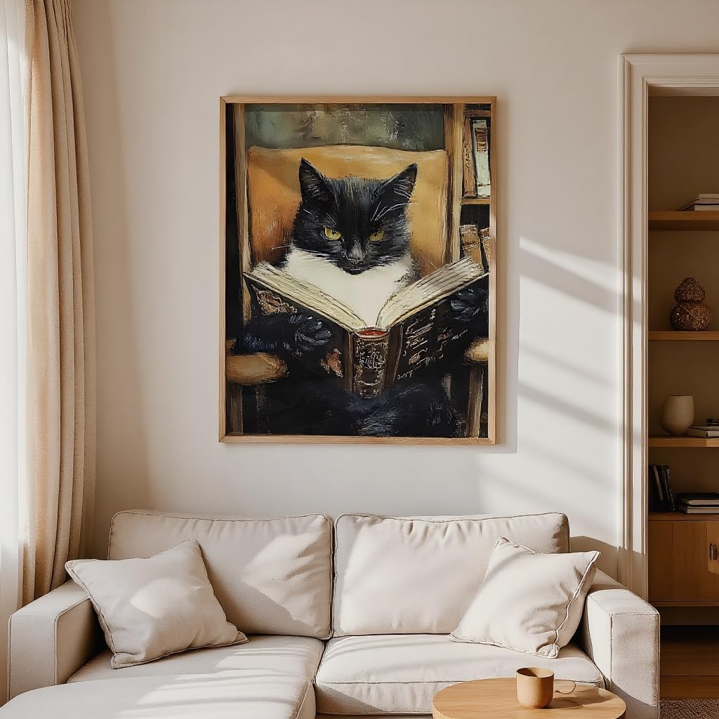 Heltrappe Funny Tuxedo Cat Reading Book Wall Art Poster Vintage black cat Painting library reading nook Book Room Dark Academia Aesthetic Kitten Art Wall Decor 08x10in Unframed