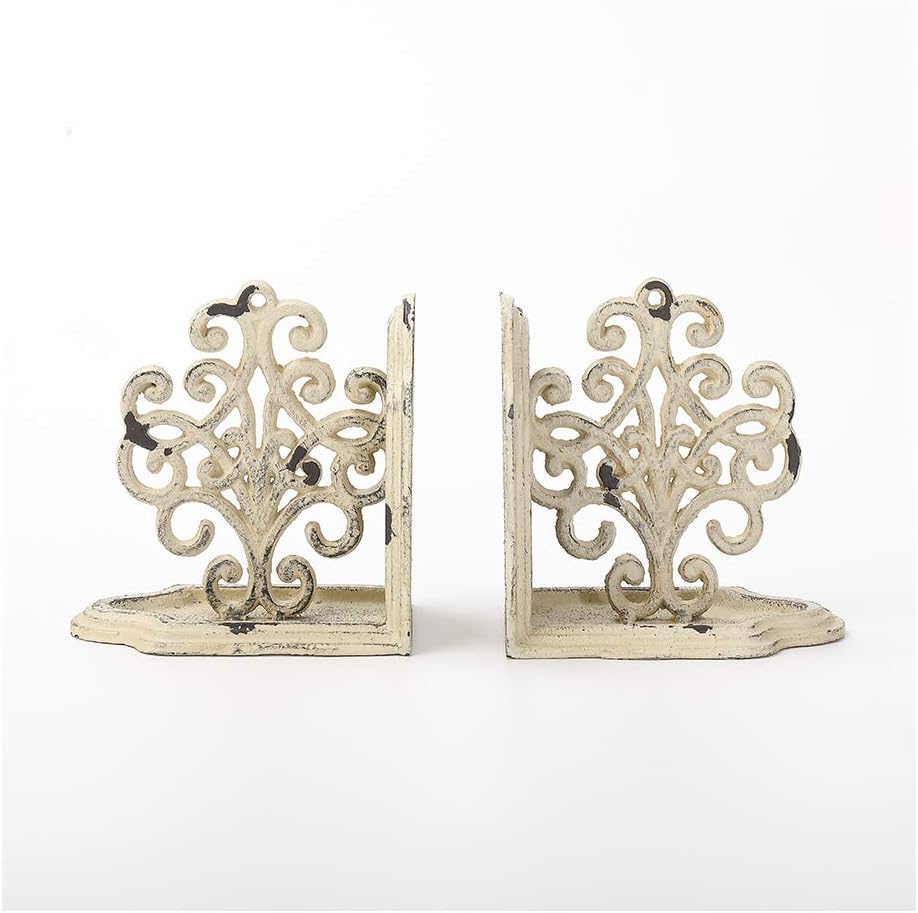 Heavy Duty Book Ends Set of 2, Medallions Decorative Bookends, Cast Iron Book Ends for Shelves, Shabby Chic White.