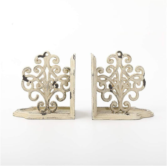 Heavy Duty Book Ends Set of 2, Medallions Decorative Bookends, Cast Iron Book Ends for Shelves, Shabby Chic White.