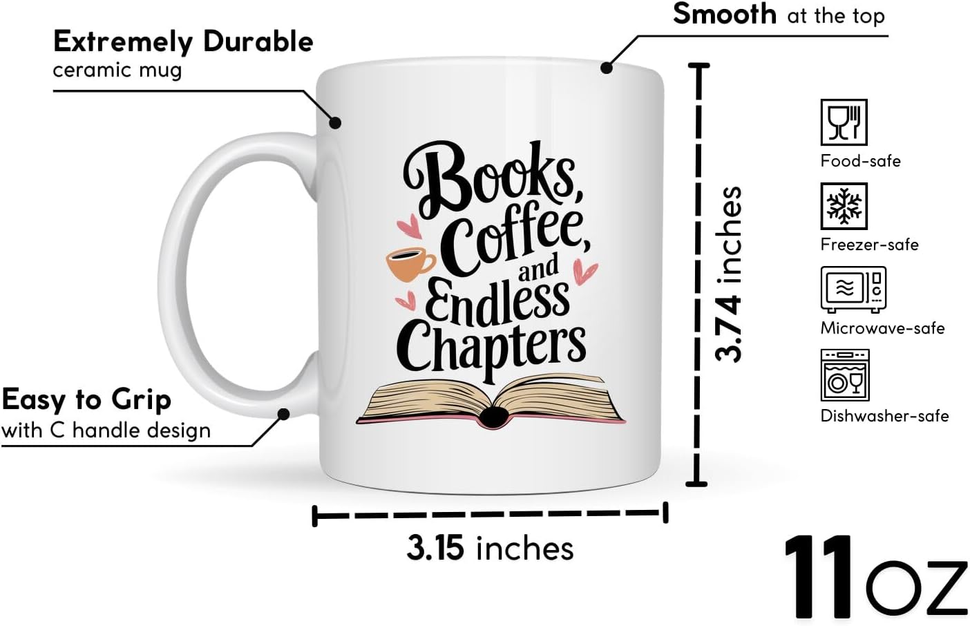 Book Lovers Coffee Mug 11oz White -Endless Chapters - Gift for Book Club Bookworm Bookish Reading Nerdy Avid Readers Women