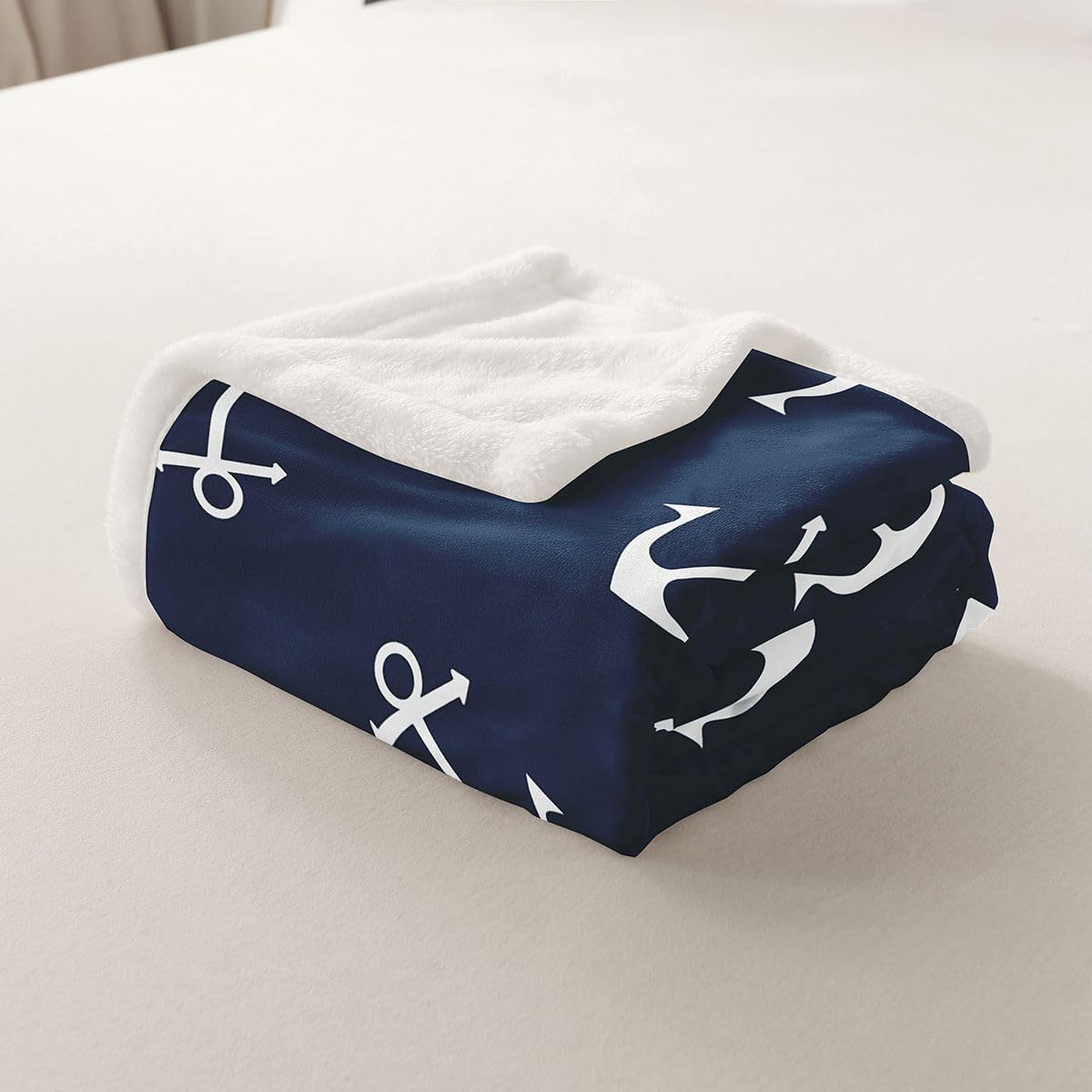 Feelyou Nautical Fuzzy Blanket Anchor Sherpa Throw Blanket Sea Adventure Fleece Throw Blanket Soft Warm Cozy Ocean Theme Plush Blanket Navy Blue 60"X80"