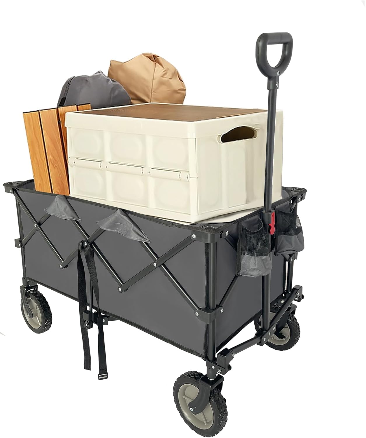LKJYBG Steel Yard Cart Garden Wagon with Adjustable Handles 2 Cup Holders Wheels Collapsible Foldable Wagon Folding Utility Garden Cart for Garden Orchard Warehouse Cement Grey As Shown