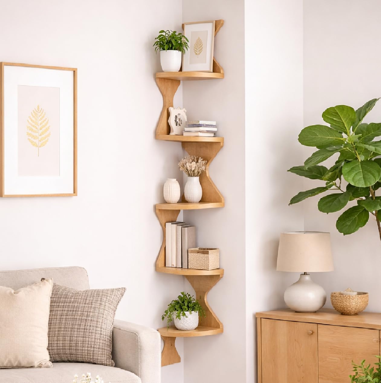 Zigzag Corner Shelf, Wood Corner Wall Shelf, 5 Tier Floating Corner Shelves for Small Space Storage, Corner Bookcase for Living Room, Home Office, Bedroom, (Natural, 5 Tier)