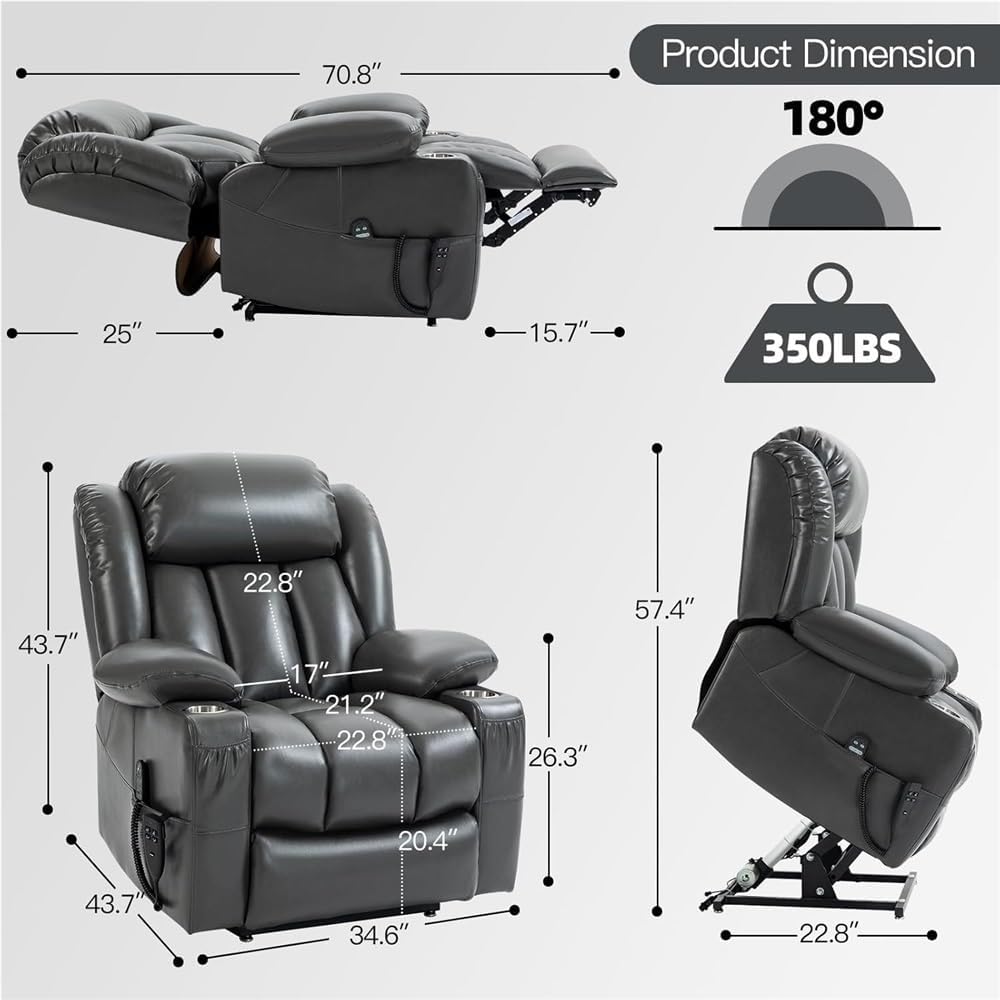 Lay Flat Power Lift Recliner Chair for Elderly with Dual Motor Massage Heating Breathable Leather Electric Lounge Chair 2 Cup Holders Remote Controls Comfortable Seating