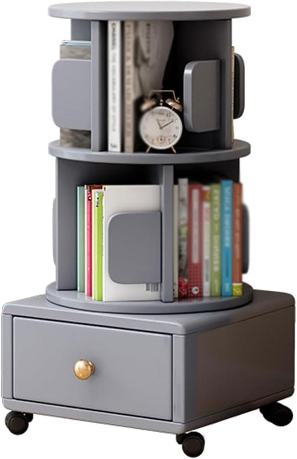 Bedside End Table with Storage & Wheels Movable, Rotating Bookshelf 360 Display 2 Tier, Rustic Side Table Bookcase Storage Rack for Living Room Bedroom