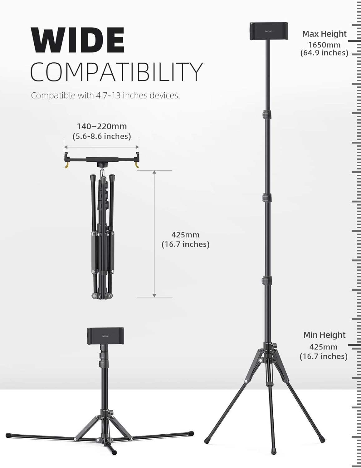 Lamicall Tablet Floor Tripod Stand - 64.9" Tablet Holder Mount with Adjustable Height for Stream/Watching with Bluetooth Remote, Gifts for iPad Pro 12.9/11" Mini, Air, iPhone, 4.7-13" Devices