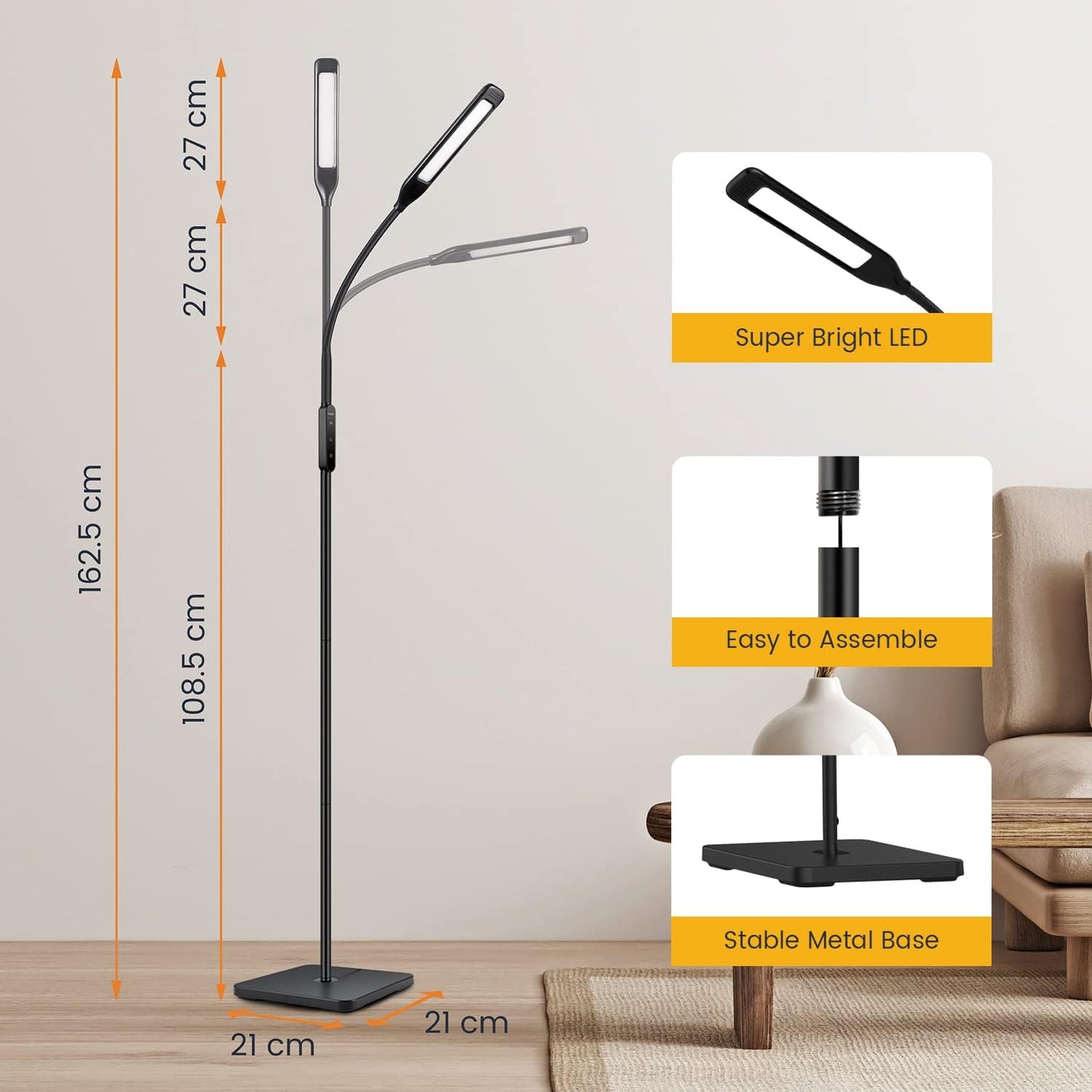 LASTAR LED Floor Lamp, Reading Lamp with 3000K-6000K & 4 Brightness Levels, Dimmable Standing Lamps for Living Room, Office with Flexible Gooseneck,Timer & Memory Function