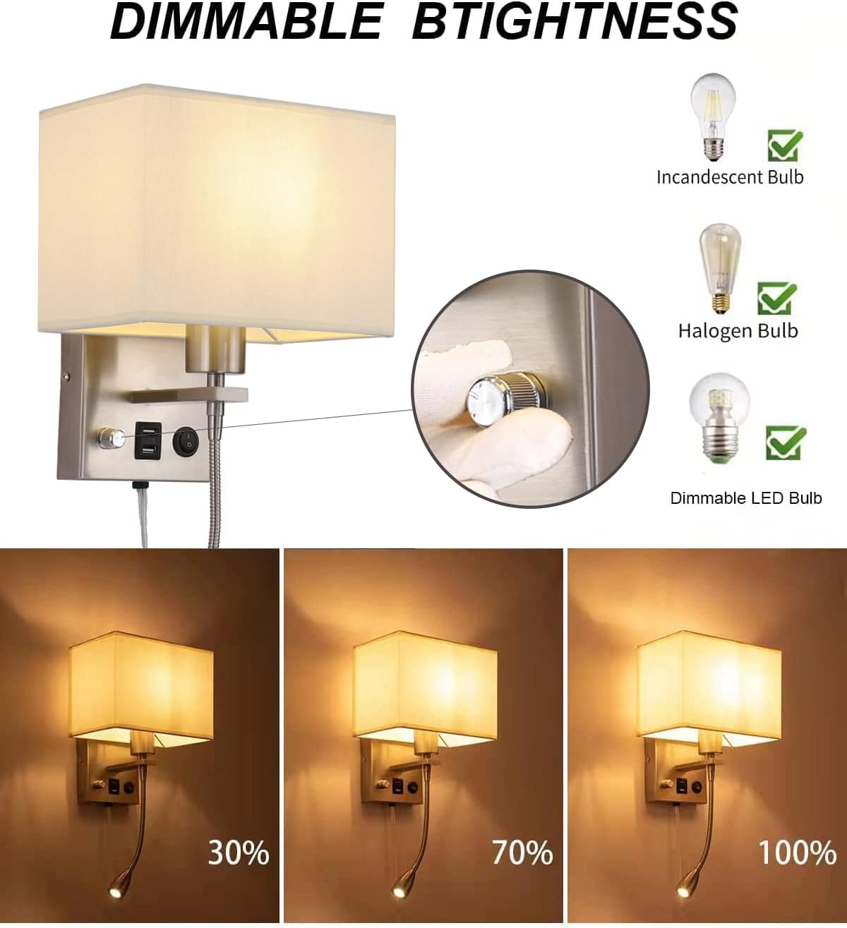 2-Pack Bedside Lights, Plug in Wall Sconce with Two USB Charging Ports, Dimmable Reading Lamp with Fabric Shade and On/Off Switch, for Home or Hotel, Brushed Nickel