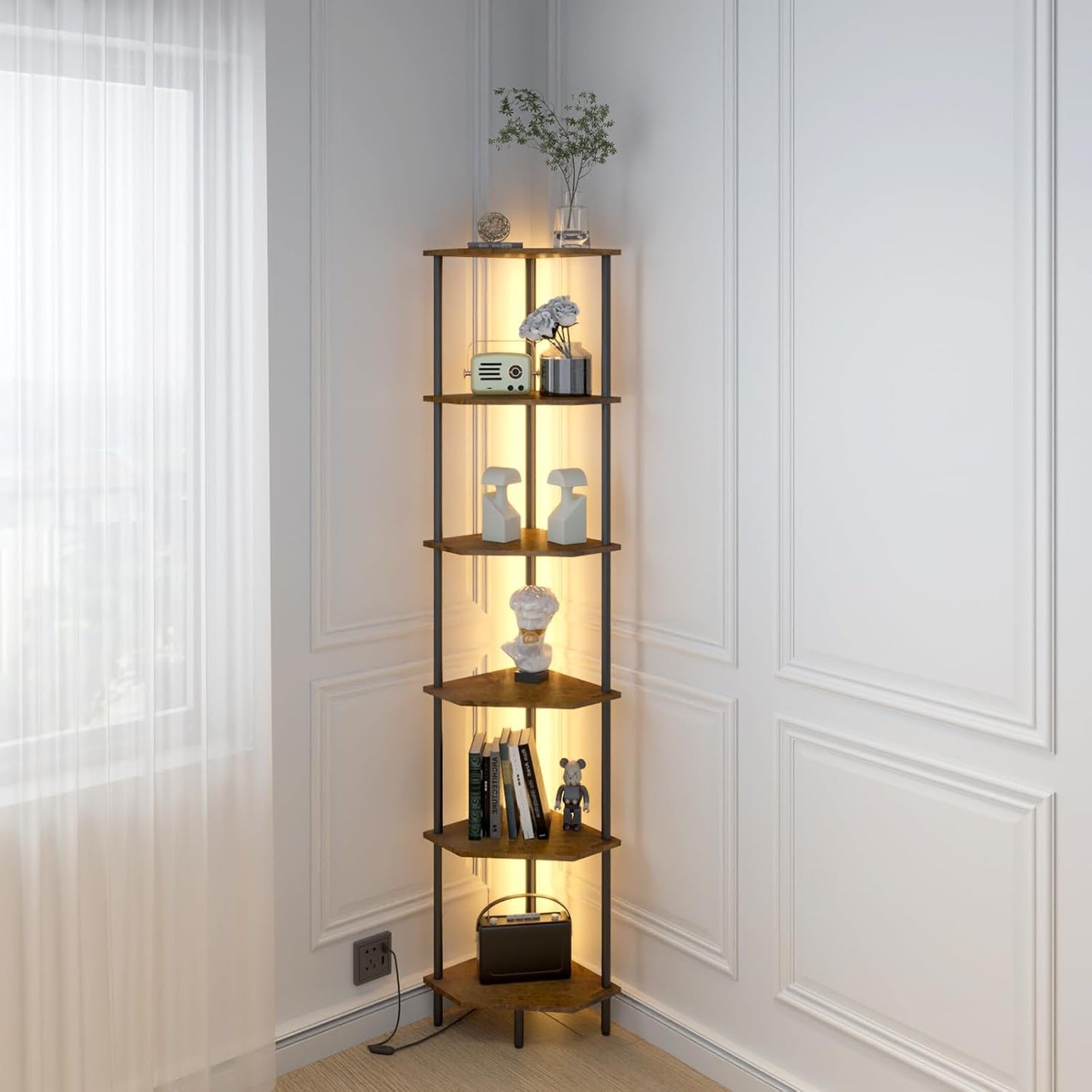 6 Tier Corner Shelf with LED Light,Tall Standing Shelf Organizer,Narrow Bookshelf,The Classic Combination of Rustic Brown and Black Standing Bookcase,Suitable for Bedroom,Living Room,Kitchen