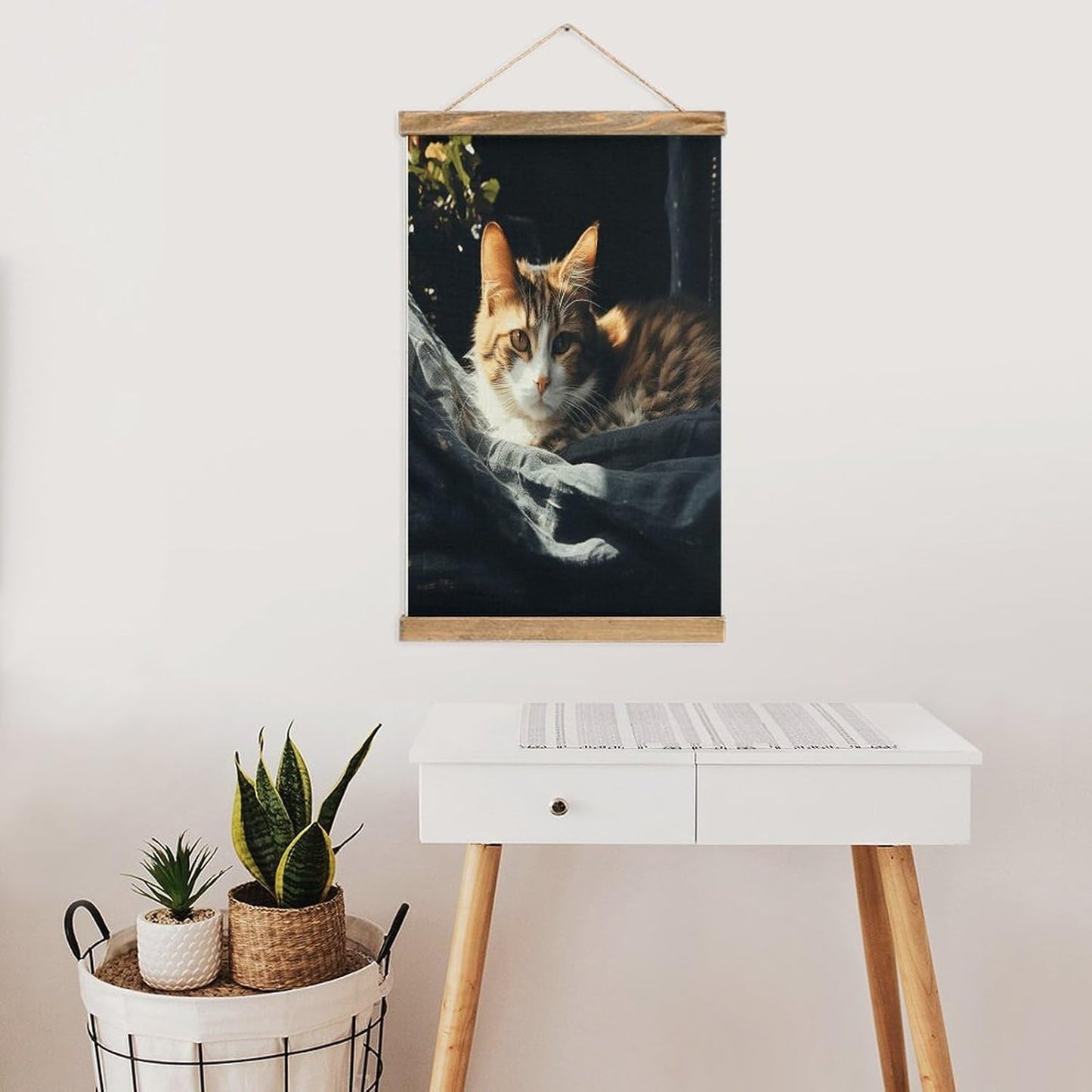 Vintage Resting Cat Poster with Wooden Frame Personalized Linen Hanging Scroll Painting Rustic Wall Hanging Illustrative Modern Artwork Decor for Home Living Room Bedroom Office