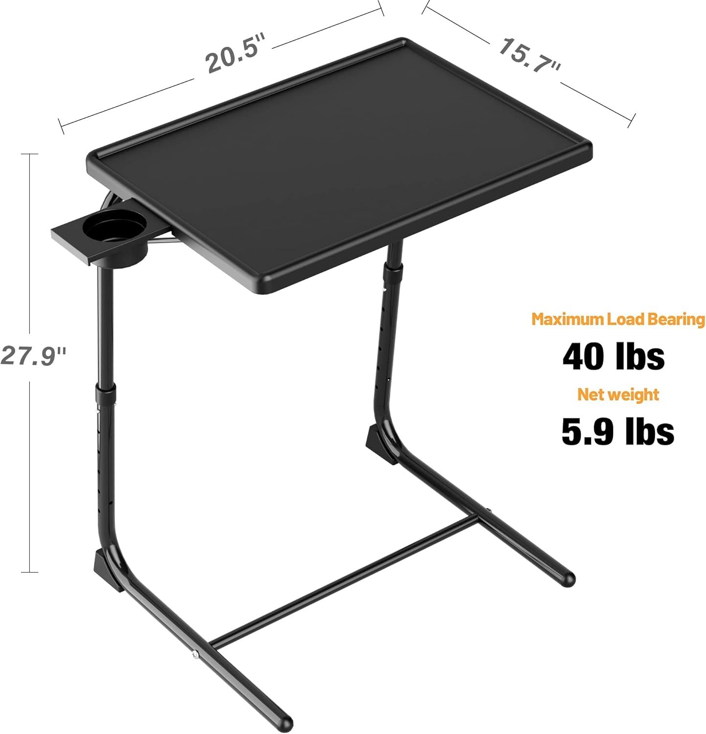 Allpop TV Tray Table - Adjustable TV Dinner Tray for Eating, Folding Laptop Table with 6 Heights & 3 Tilt Angles, Cup Holder on Couch & Bed, Black