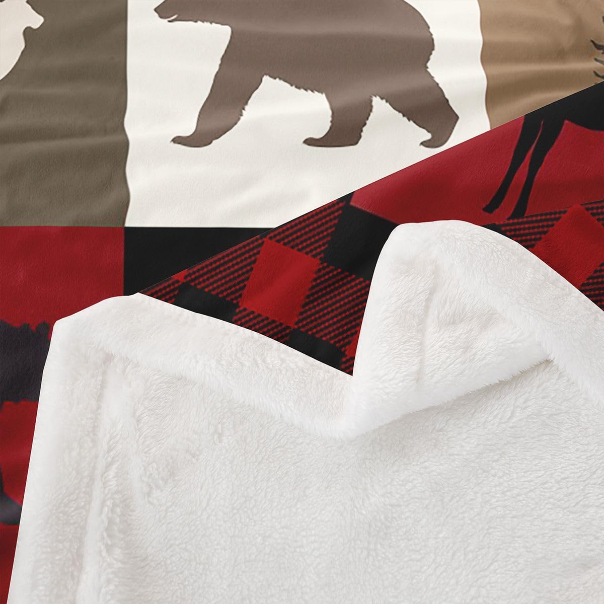 Feelyou Rustic Sherpa Throw Blanket for Couch Cabin Lodge Bear Deer Super Soft Cozy Fleece Western Country Blanket Plush Throw Farmhouse Moose Baby 30"x40" Red Brown Buffalo Check All Season