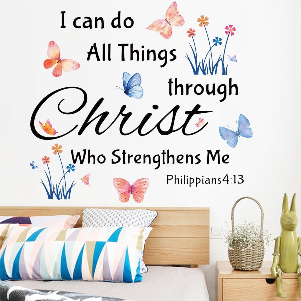 Inspirational Wall Stickers Bible Verse Quotes I Can Do All Things Through Christ Who Strengthens Me Wall Decals Vinyl Art for Living Room Bedroom Classroom Playroom Nursery Room Decor