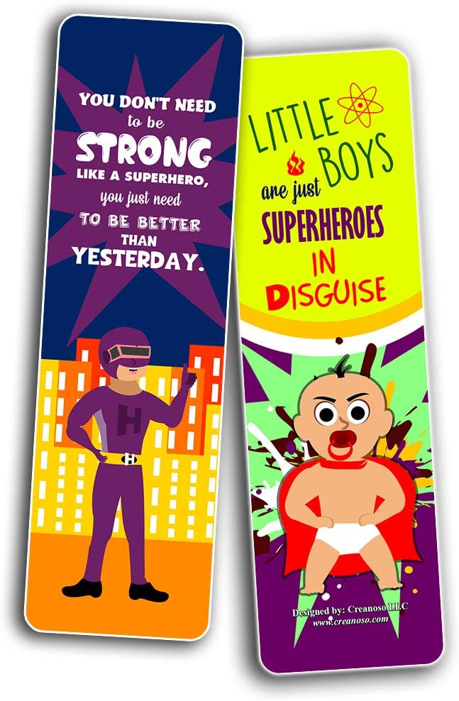 Creanoso Superhero Bookmarks for Kids (12-Pack) – Premium Gift Set – Awesome Bookmarks for Boys Girls – Six Bulk Assorted Bookmarks Designs – Unique Quality Cool Giveaways Collection Pack