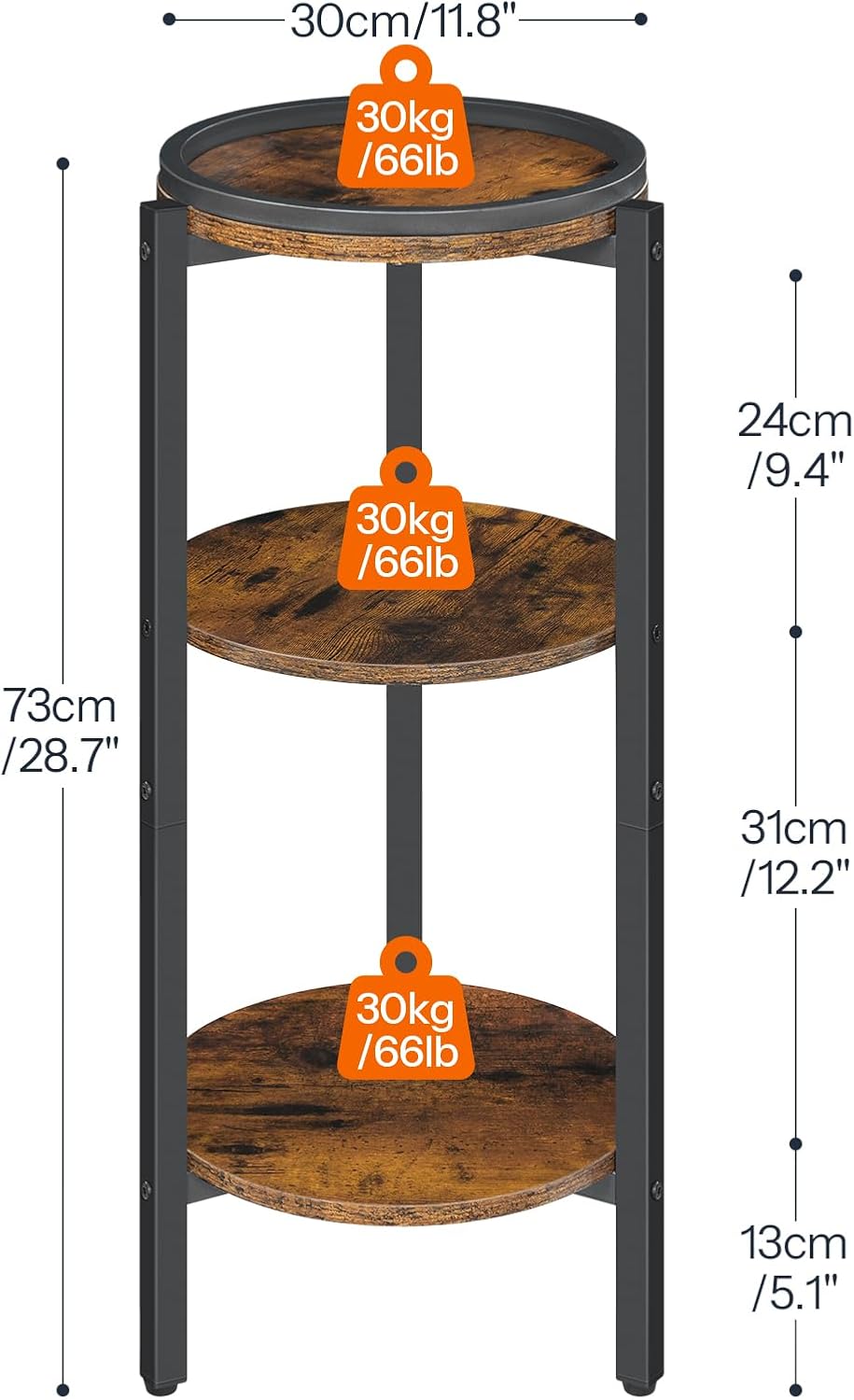 HOOBRO Small Round Side Table, 3-Tier Tall Coffee Drink Table for Sofa Couch, 28.7" H Slim Nightstand, Circle Wooden Accent Table for Living Room, Corner, Bedroom, Rustic Brown BF182BZ01