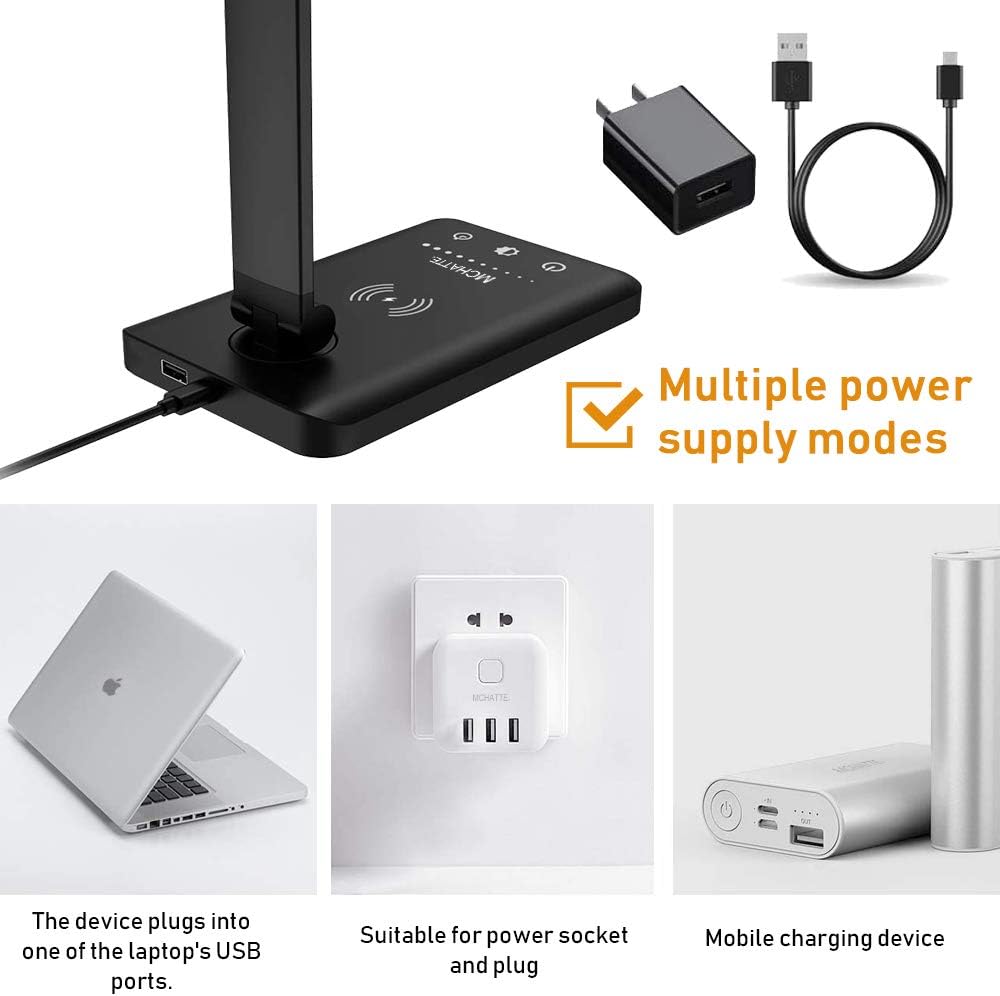 LED Desk Lamp with Wireless Charger, USB Charging Port, Dimmable Eye-Caring Desk Light with 5 Brightness Levels & 5 Lighting Modes, Touch Control, Auto Timer (Black)