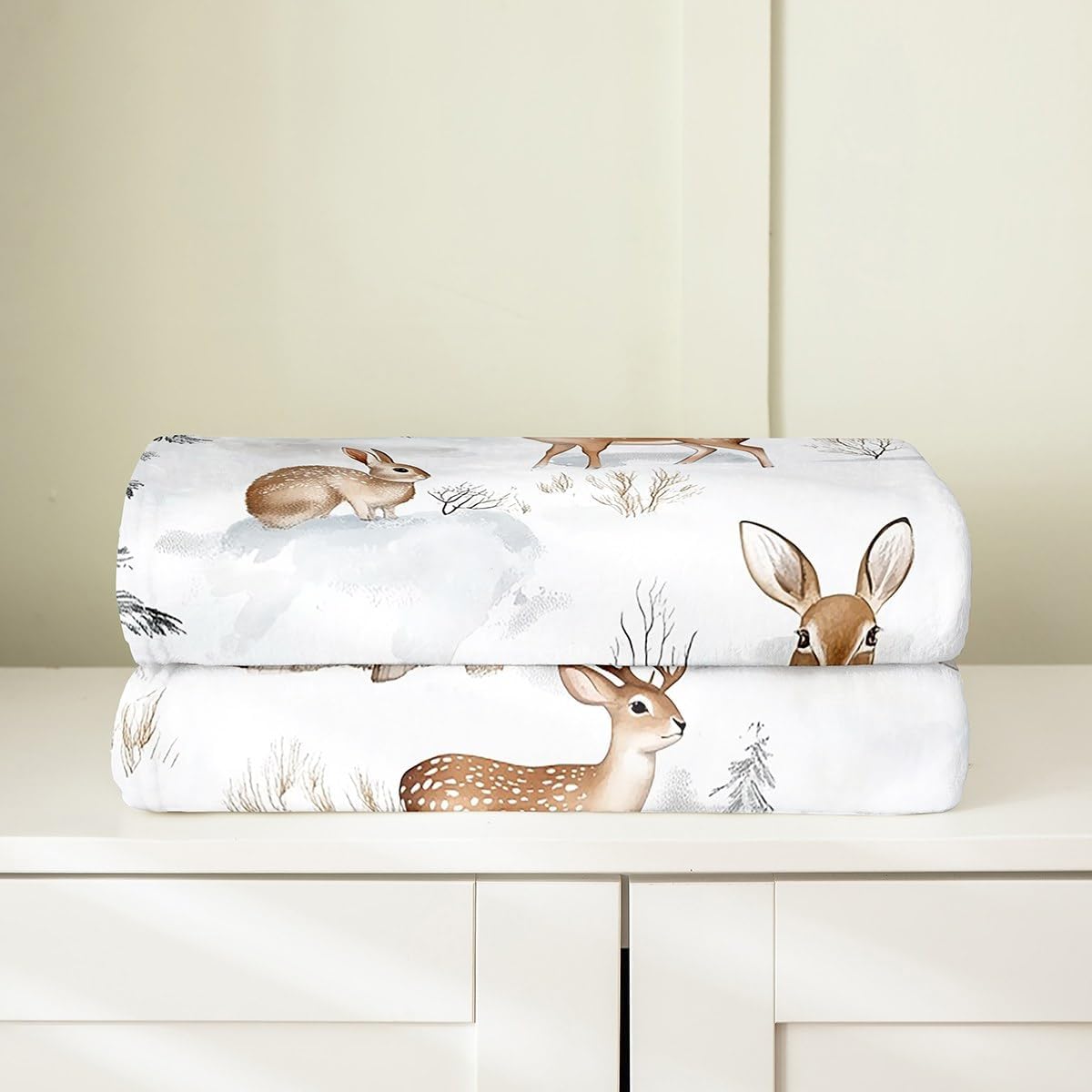 Watercolor Cute Deer Throw Blanket Winter Natural Pine Trees Flannel Blanket for Kids Teens Adults Lovely Wild Animals Rustic Farmhouse Style Bed Blanket for Bedroom Couch 30x40