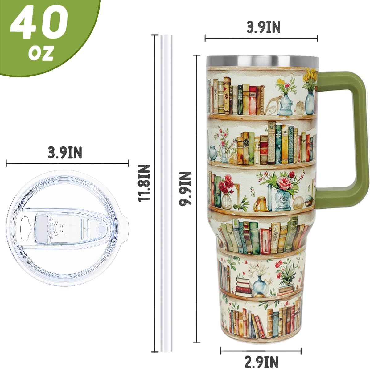 Book Lovers Gifts 40oz Retro Bookshelf Tumbler with Handle and Straw Watercolor Flowers Bookworm Coffee Travel Mugs Insulated Cup Gifts for Women Readers,Reading,Bookish,Librarian,Books Accessories