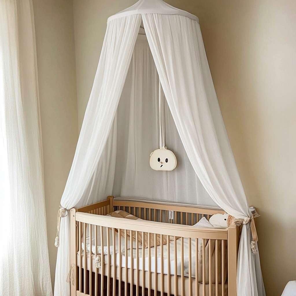 100% Cotton Kids Bed Canopy for Child Bedroom | Pom Pom String Accessory & Nursery Crib Hanging Curtain | Mosquito Net Bedding for Girls Play Room Decoration | Reading Nook Canopies Toddler Dome Tent