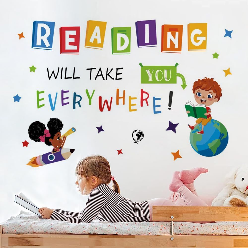 Reading Will Take You Everywhere Inspirational Quote Wall Decal Sticker, Motivational Phrase Classroom Bedroom Playroom Art, Library Positive Saying Decor Gift