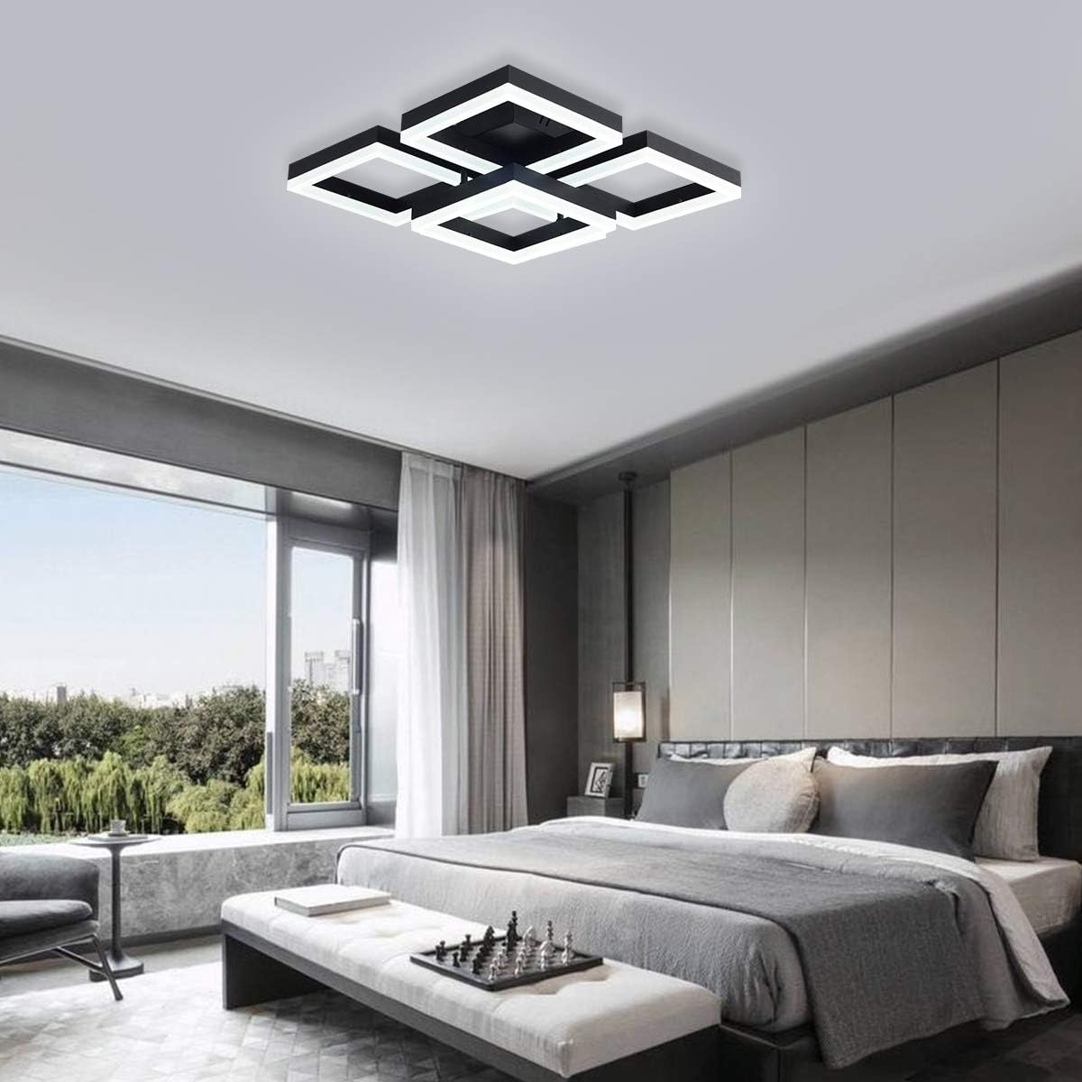Garwarm Modern LED Ceiling Light, Black Flush Mount Light Fixtures,64W Ceiling Lamp for Living Room Bedroom Dining Room, 5 Square Metal Acrylic Surface Mount Chandelier Cool White 6000K