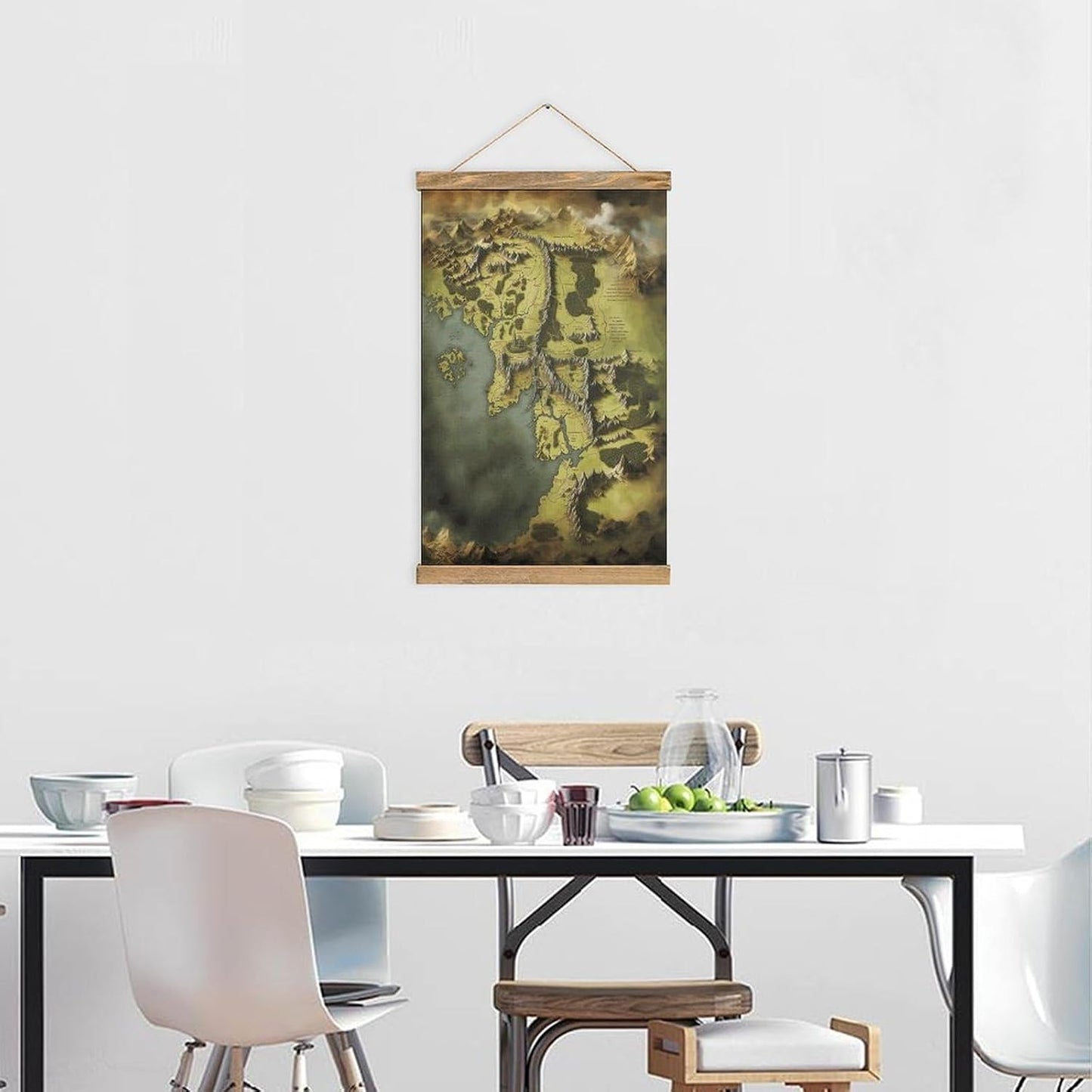 Vintage Middle Earth Map Poster with Wooden Frame Personalized Linen Hanging Scroll Painting Rustic Wall Hanging Illustrative Modern Artwork Decor for Home Living Room Bedroom Office