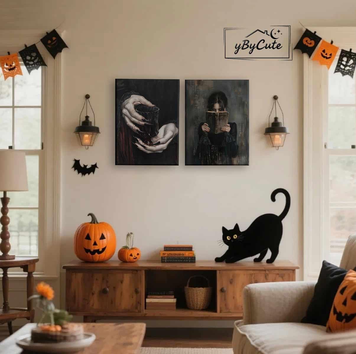 2 Pieces Gothic Canvas Wall Art Dark Academy Vampire Pictures Victorian Woman Reading Magic Book Posters Claw Hand Dracula Prints Moody Girl Witch Ghost Paintings Bedroom Library Classroom Office Home Decor 12"X16" Framed.