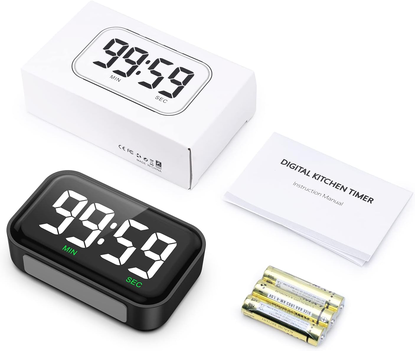 Digital Kitchen Timer, Digital Timer with Large LED Display, Magnetic Kitchen Timer for Cooking, 3 Volume Levels for Classroom/Office/Home/Work/Study, Black (Battery Included)