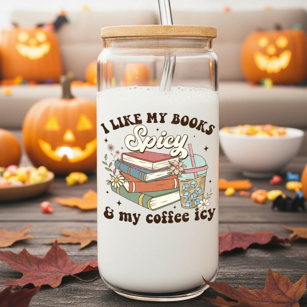Funny Coffee Glass Cup Bookish Gifts for Women Mom Friend Book Lover Librarian,Book Themed Cute Drinking Glass Cup with Lids Straws,Reading Gifts for Birthday,I Like My Books Spicy & My Coffee Icy -8